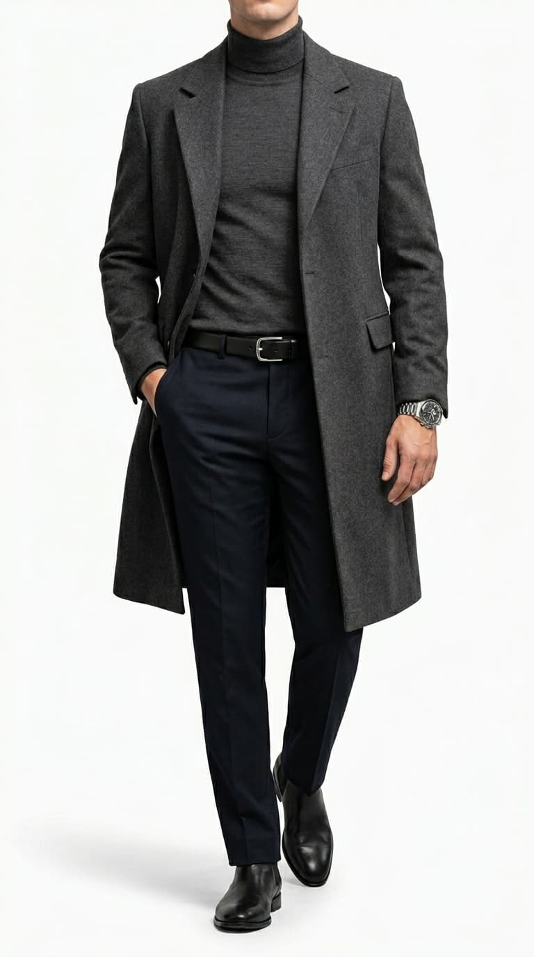 A man wearing a charcoal grey wool overcoat over a grey turtleneck and navy trousers, paired with black Chelsea boots.