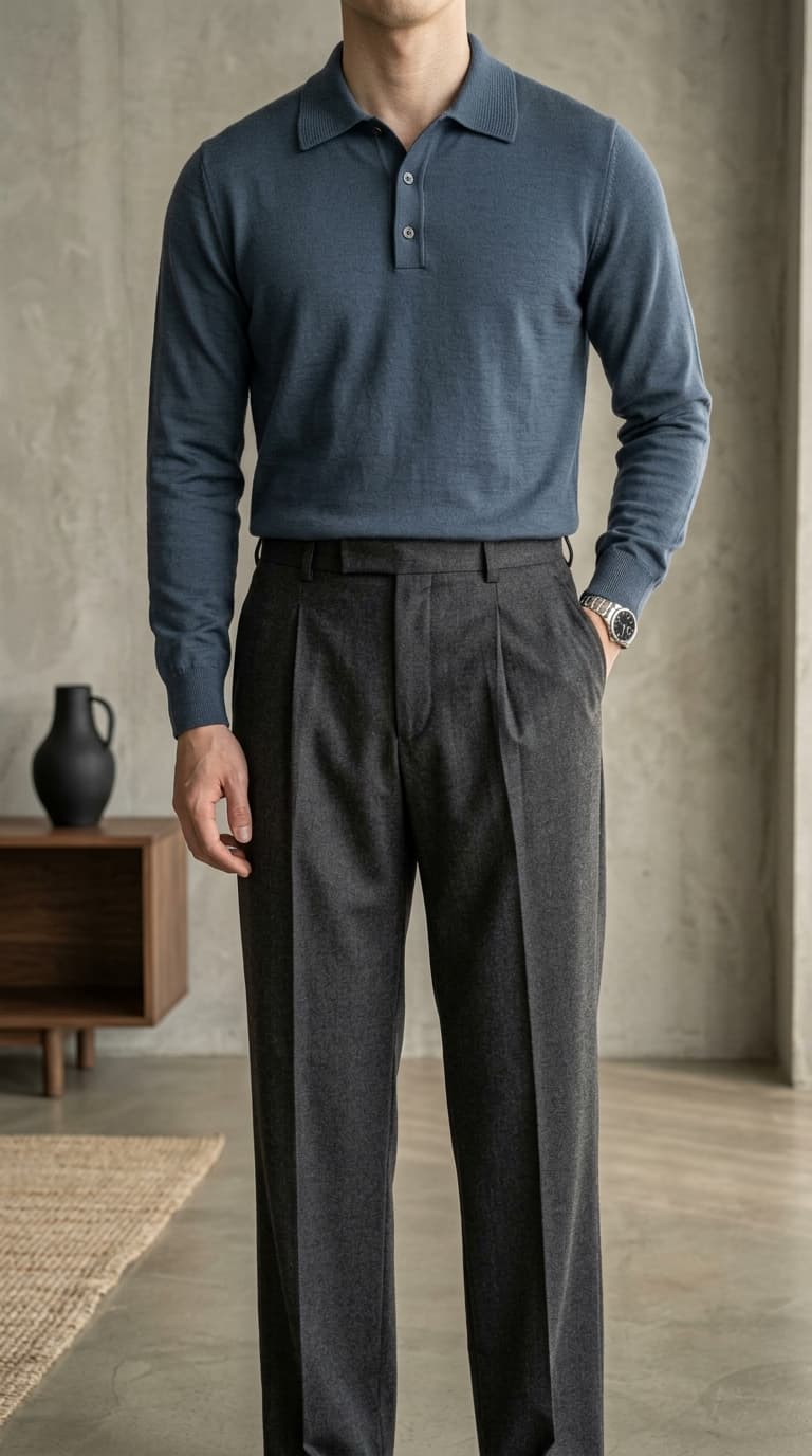 Man wearing a blue long-sleeve knit polo shirt with charcoal pleated trousers and a watch.