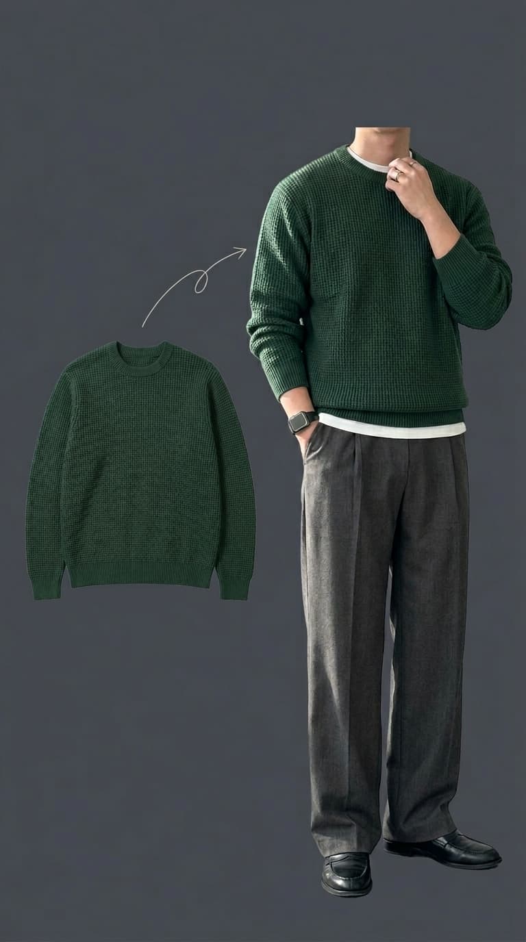 A man wearing a dark green textured crewneck sweater over a white t-shirt, paired with charcoal grey pleated trousers and black loafers.