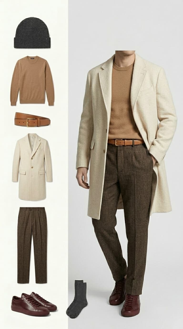 A flat lay and modeled outfit featuring a cream wool overcoat, tan crewneck sweater, brown plaid tweed trousers, a brown leather belt, dark red leather sneakers, and a charcoal grey beanie.