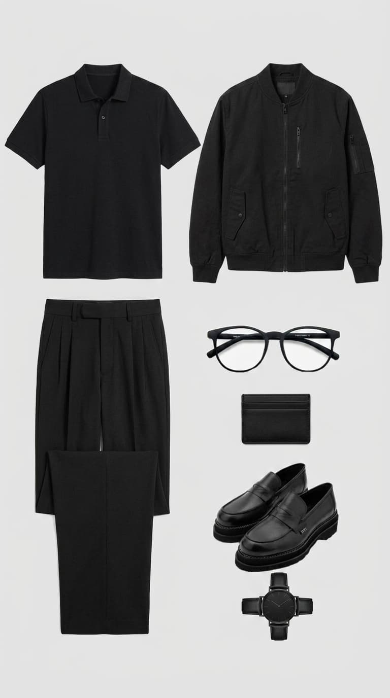 A flat lay of an all-black men's outfit including a polo shirt, bomber jacket, pleated trousers, loafers, a cardholder, glasses, and a watch.