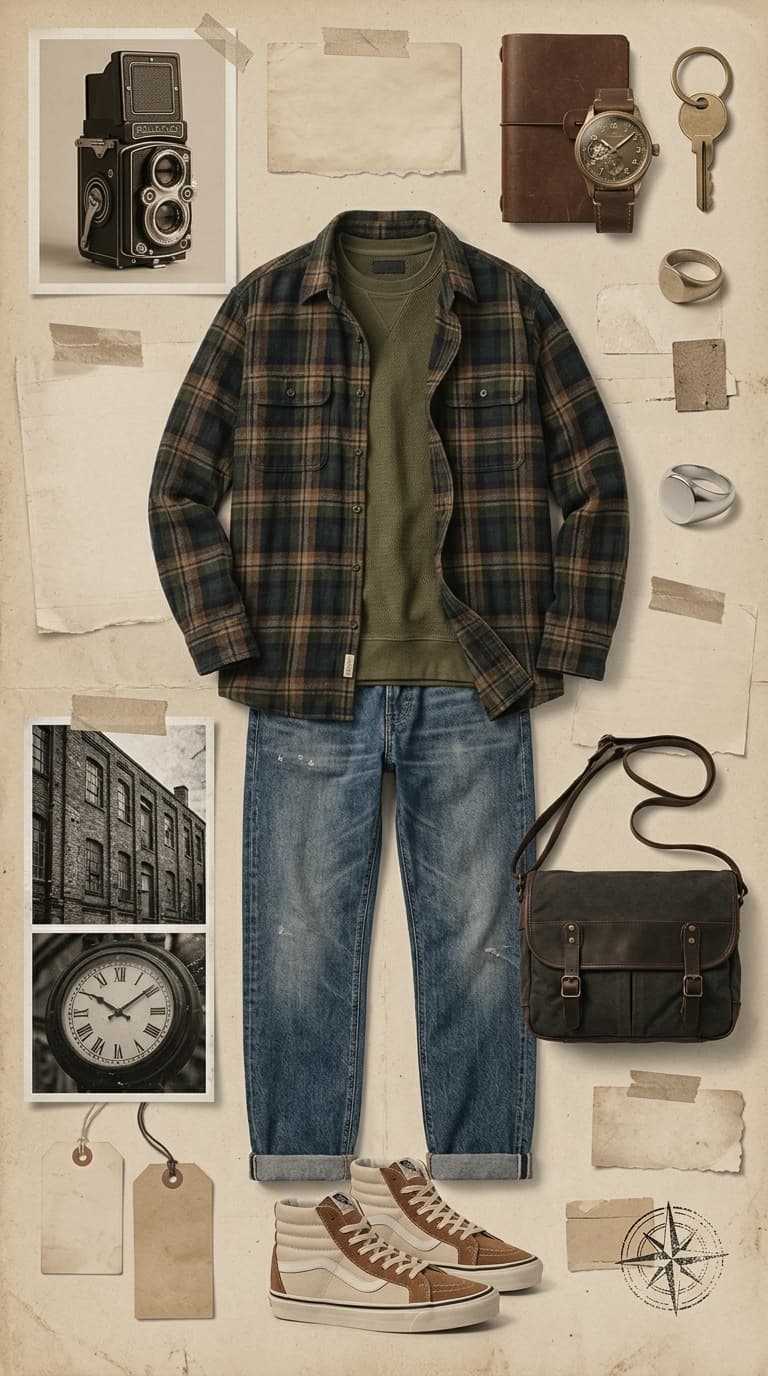 A flat lay of a men's outfit featuring a green and brown plaid flannel shirt layered over a green crewneck sweatshirt, paired with light wash cuffed jeans, and high-top Vans sneakers.