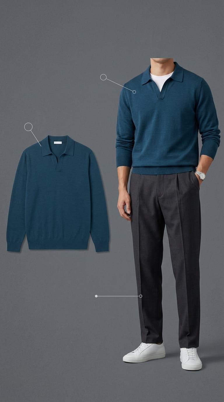 A man wearing a teal knit polo sweater over a white t-shirt, dark grey pleated trousers, and white sneakers, with a close-up of the sweater shown separately.