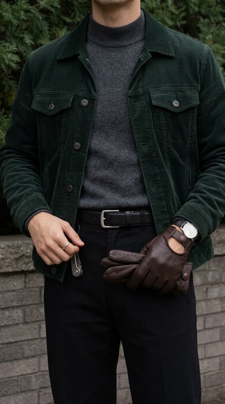 A man wearing a dark green corduroy trucker jacket over a grey turtleneck, black trousers, and brown leather gloves.