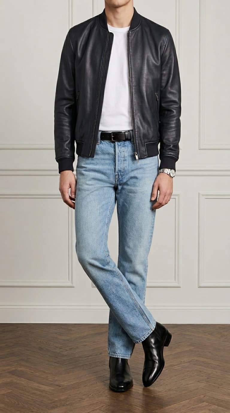 Man wearing a black leather bomber jacket, white t-shirt, light wash jeans, black belt, and black Chelsea boots.