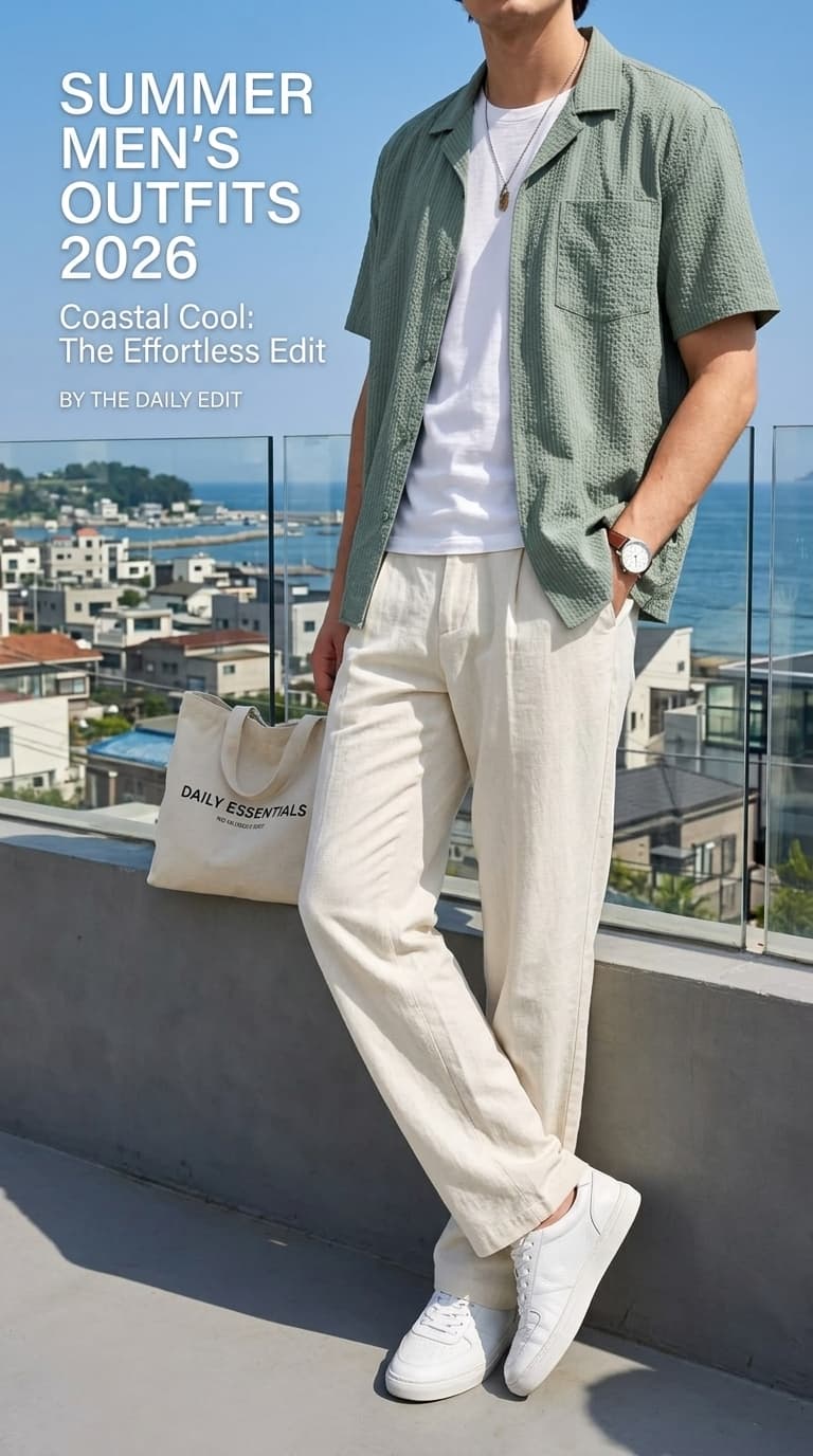 A man wearing a textured green short-sleeve camp collar shirt, white t-shirt, cream linen pants, and white sneakers, standing on a balcony with a coastal view.