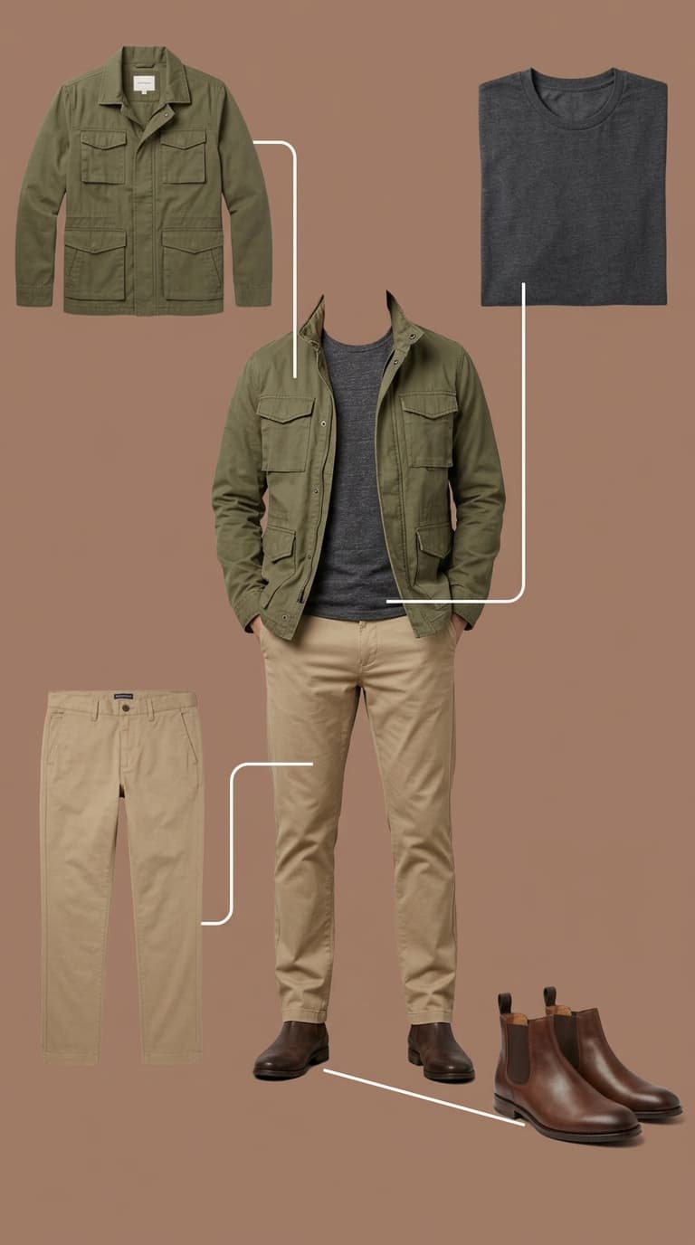 A flat lay of a men's outfit featuring a green field jacket, a charcoal t-shirt, tan chinos, and brown leather Chelsea boots.