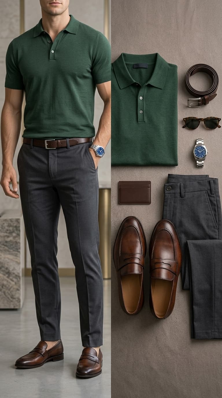 A man wearing a dark green knit polo shirt, charcoal grey trousers, and brown loafers, with a flat lay of the outfit components including a belt, sunglasses, watch, and cardholder.