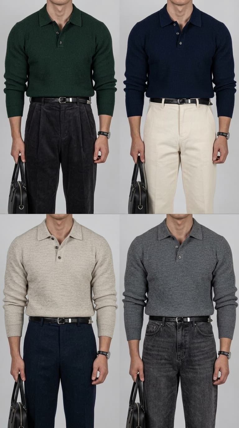 Four men in different outfits featuring long-sleeve knit polo shirts in various colors paired with different trousers.