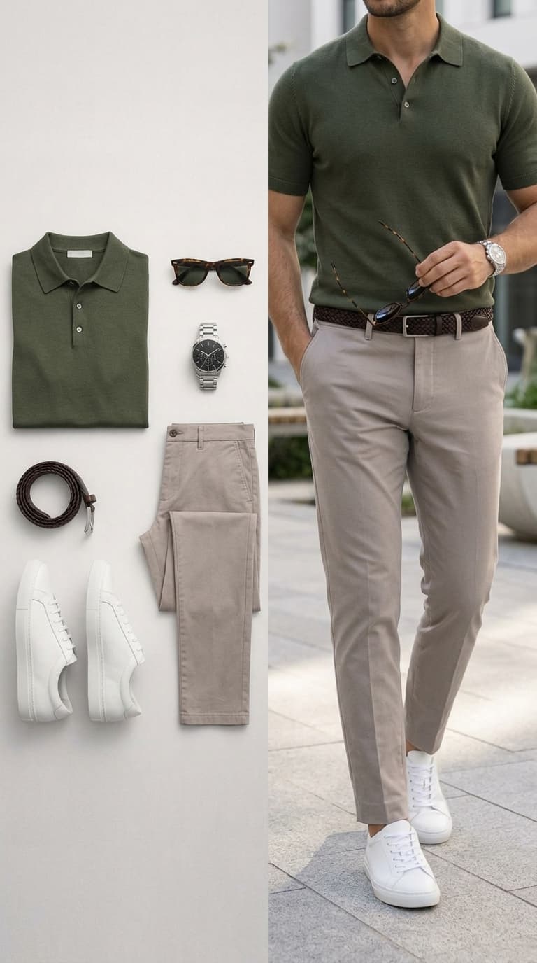 A man wearing an olive knit polo shirt, light grey chinos, a brown woven belt, and white leather sneakers, with the outfit components laid out beside him.