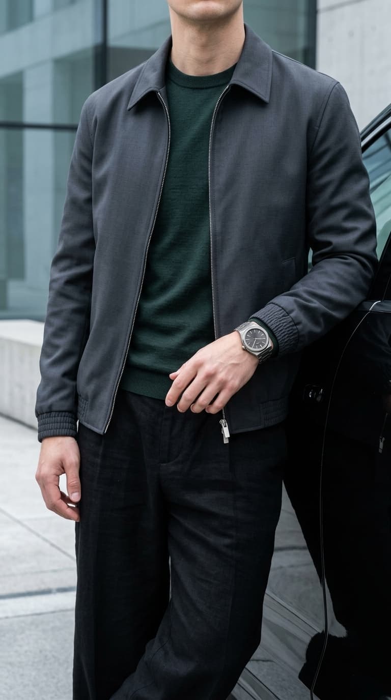 Man wearing a dark grey bomber jacket over a dark green crewneck sweater and black trousers, leaning against a car.