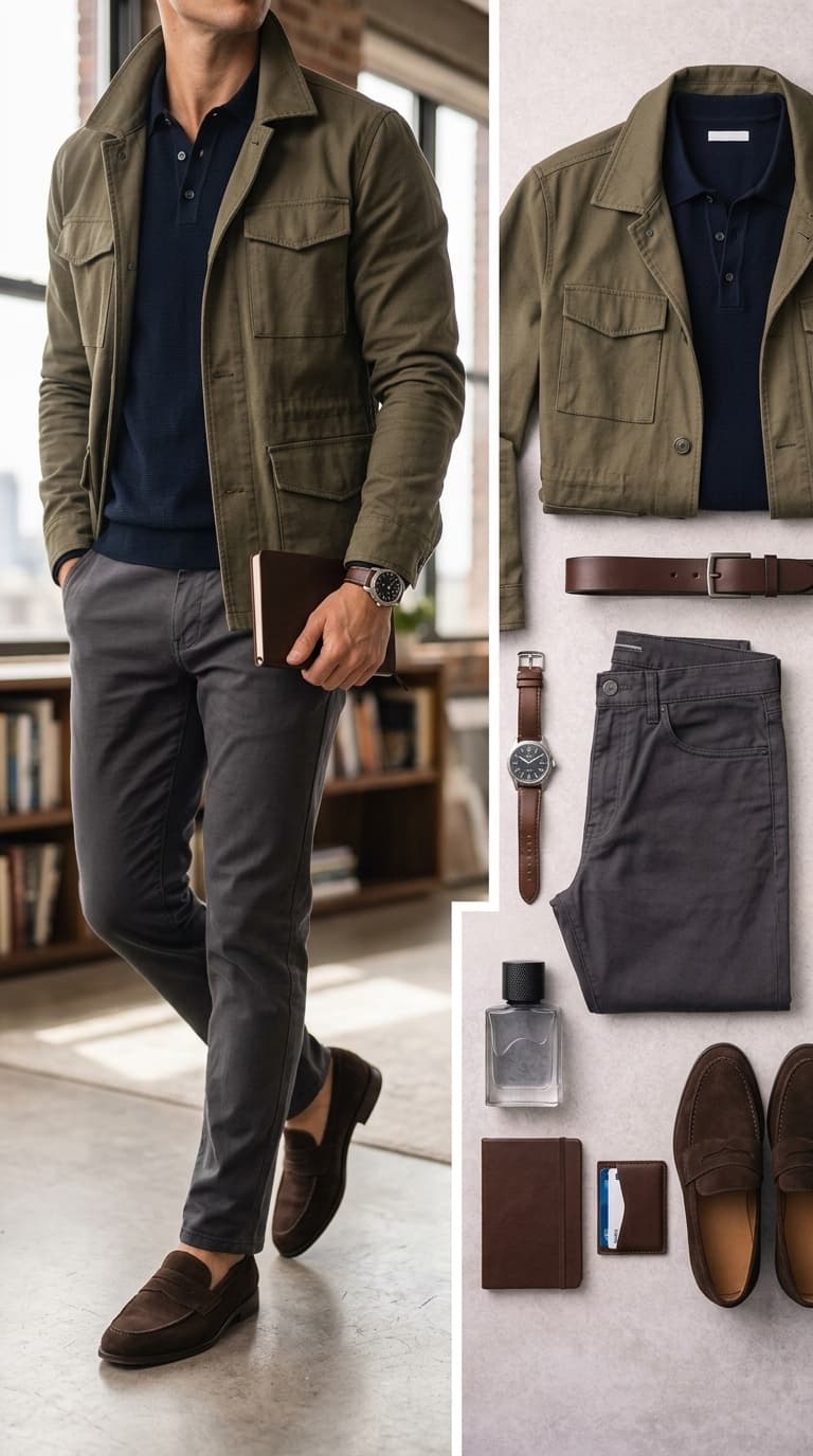 Man wearing a green field jacket over a navy polo shirt, grey chinos, and brown suede loafers, holding a book.