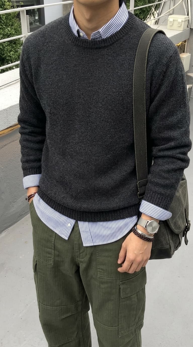 Man wearing a dark grey crewneck sweater over a blue and white striped dress shirt, with olive green cargo pants and a canvas messenger bag.