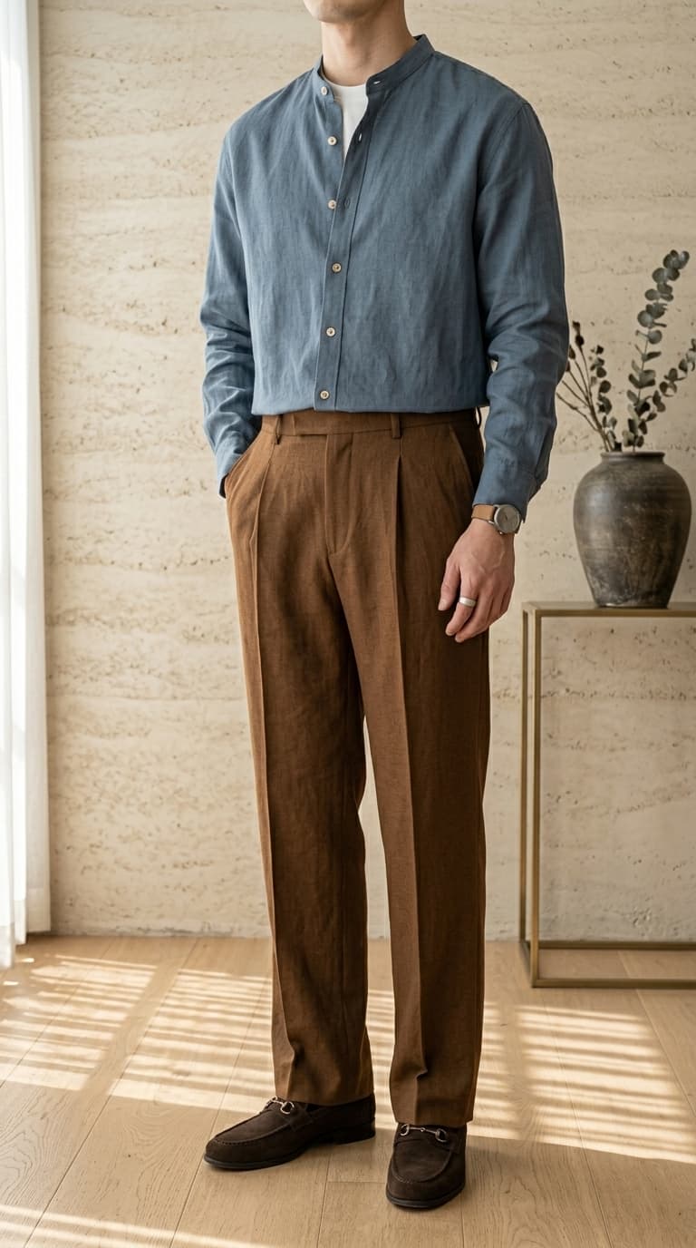 Man wearing a blue band collar linen shirt with brown pleated trousers and dark brown suede loafers.
