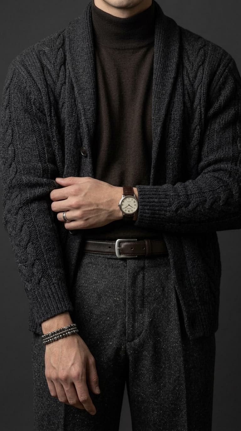 Man wearing a dark grey cable-knit shawl collar cardigan over a brown turtleneck, dark grey textured trousers, and a brown leather belt.