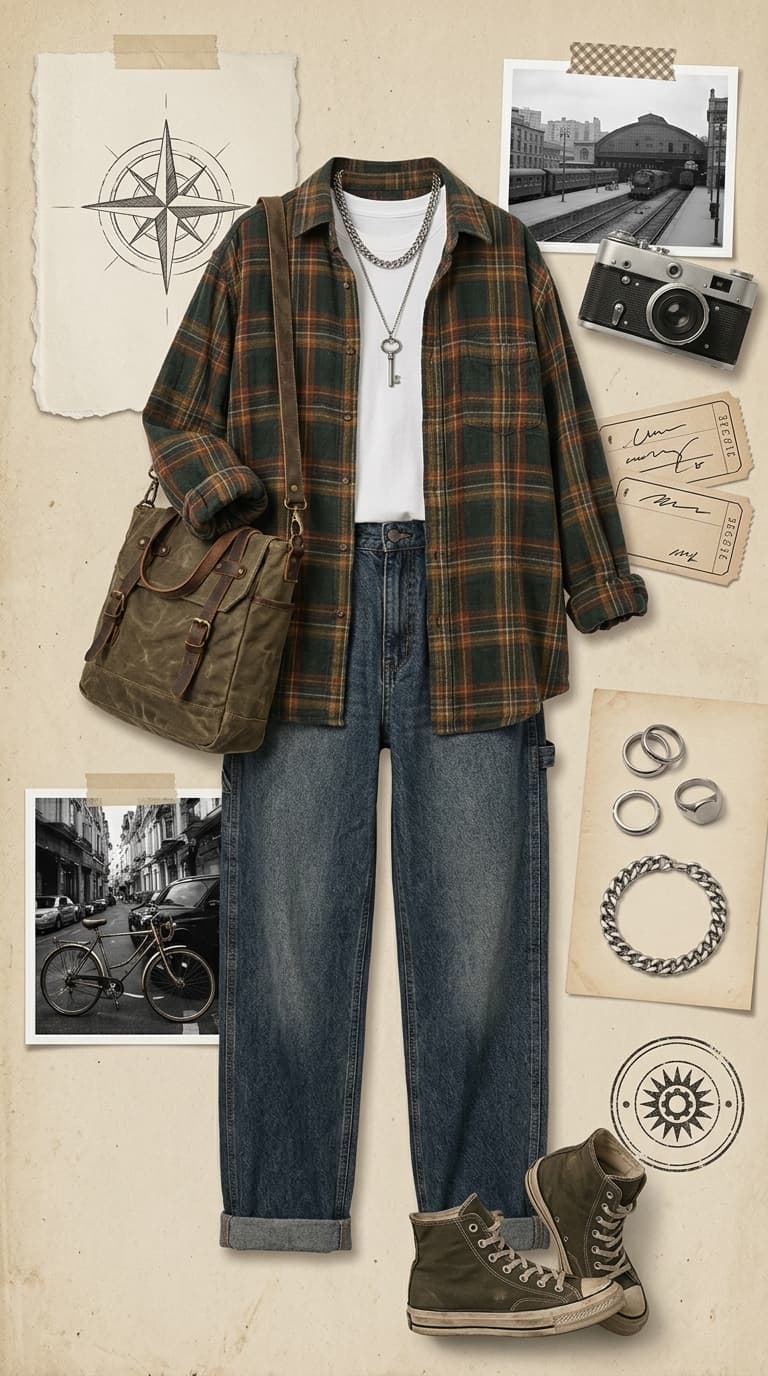 A flat lay of a men's outfit featuring a green and orange plaid flannel shirt, white t-shirt, blue cuffed jeans, olive high-top sneakers, a canvas and leather messenger bag, and silver jewelry.