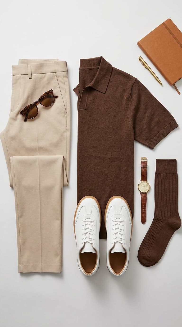 Flat lay of a men's smart casual outfit featuring a brown knit polo shirt, beige chinos, white sneakers, brown socks, tortoiseshell sunglasses, a watch, and a notebook with a pen.