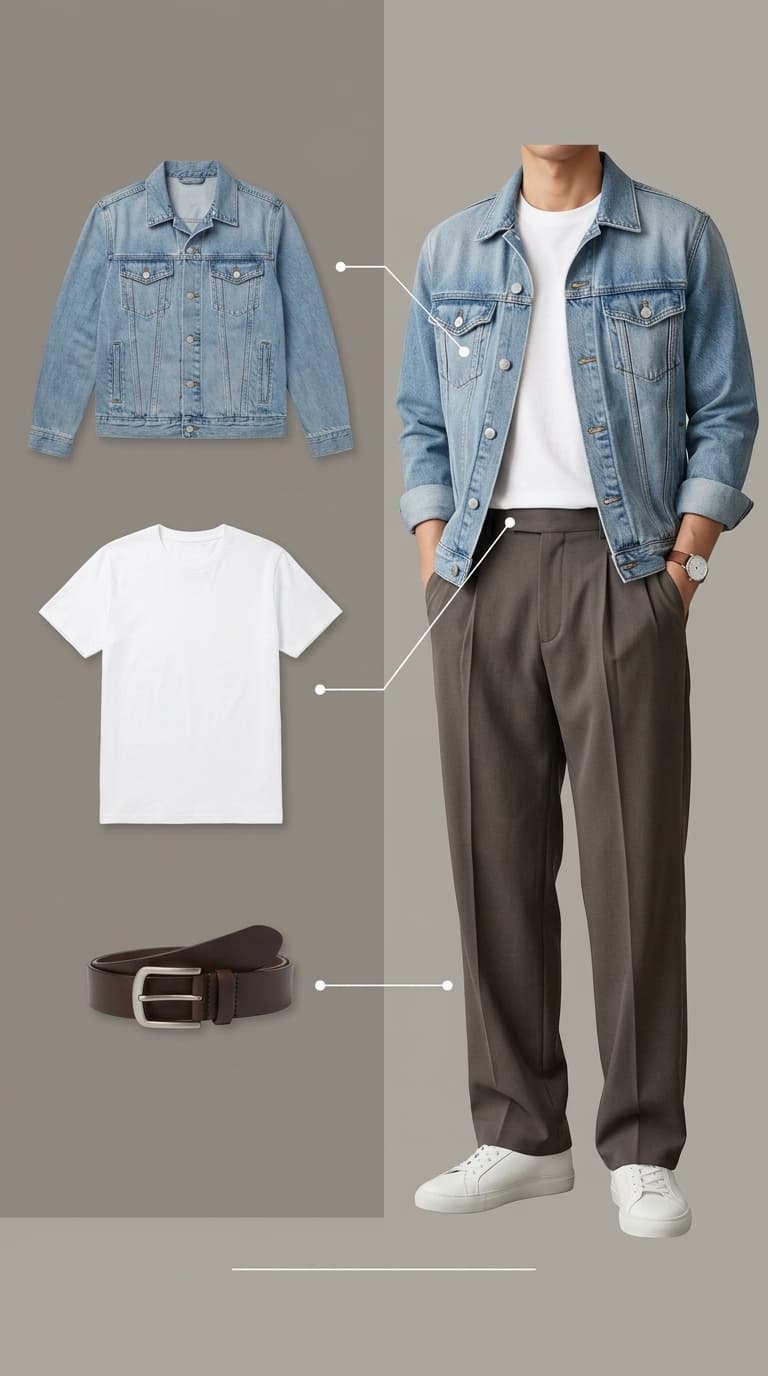 A man wearing a light wash denim jacket over a white t-shirt with dark grey pleated trousers and white sneakers, with the individual items laid out separately.