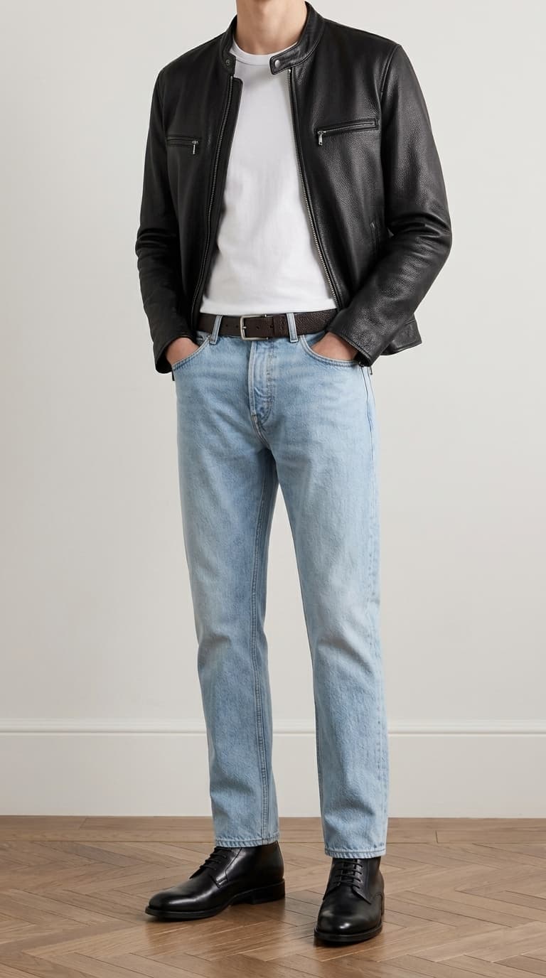A man wearing a black leather moto jacket, white t-shirt, light wash jeans, a dark belt, and black dress boots.