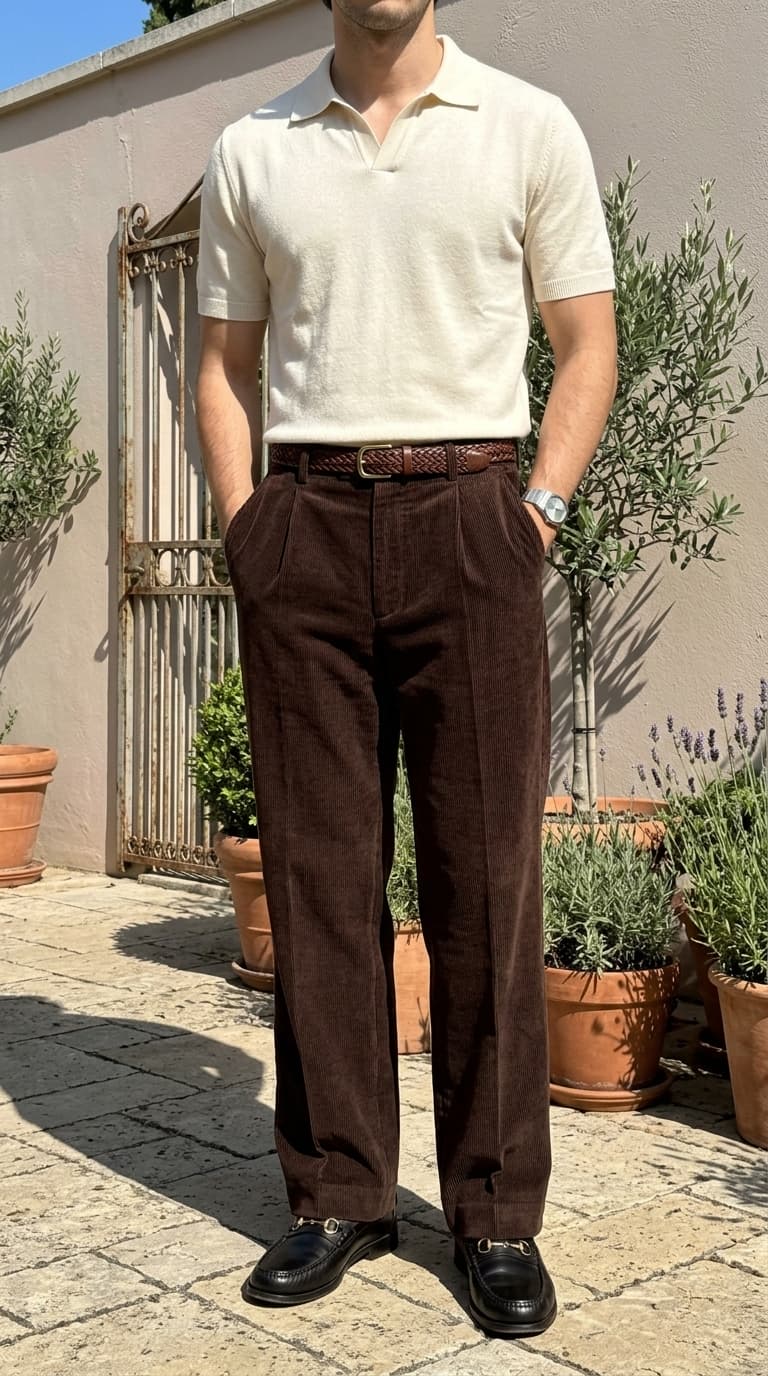 Man wearing a cream short-sleeve knit polo shirt, brown corduroy pleated trousers, a braided brown belt, and black leather bit loafers.