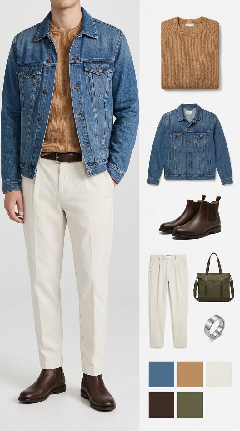 A man wearing a blue denim jacket over a tan crewneck sweater, cream pleated trousers, and brown Chelsea boots, with a dark brown belt.