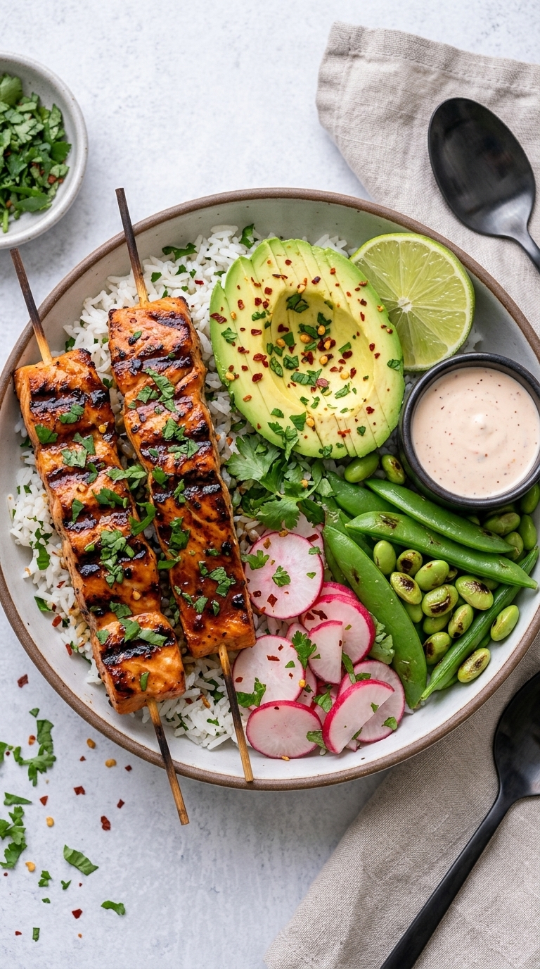 Overhead shot of a rice bowl with grilled salmon skewers, avocado, lime, radish, snap peas, edamame, and a creamy sauce.