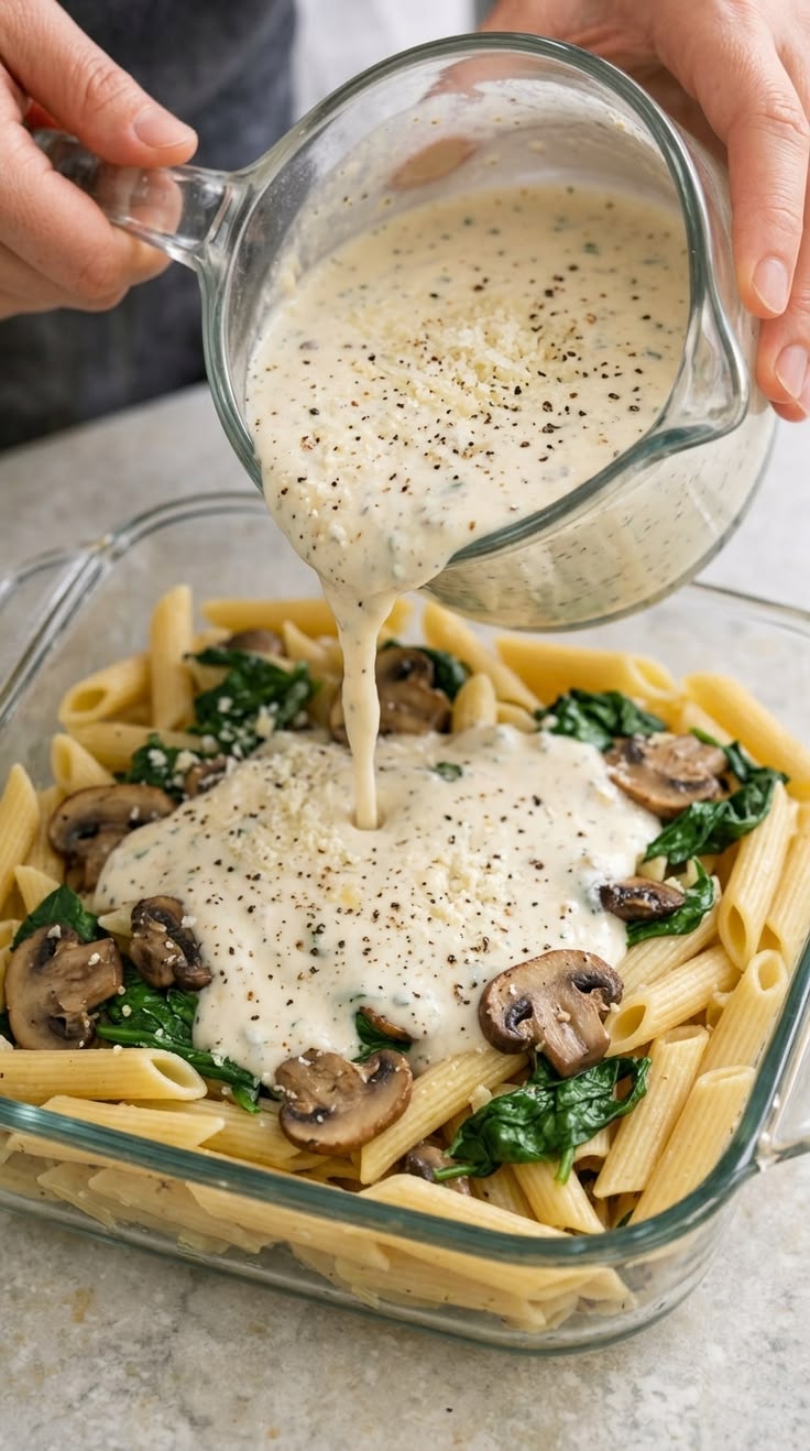 Hands pouring creamy mushroom spinach sauce over penne pasta with spinach and mushrooms in a glass baking dish.