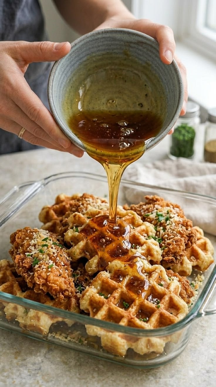 Hands pouring honey over a glass dish of chicken and waffles.