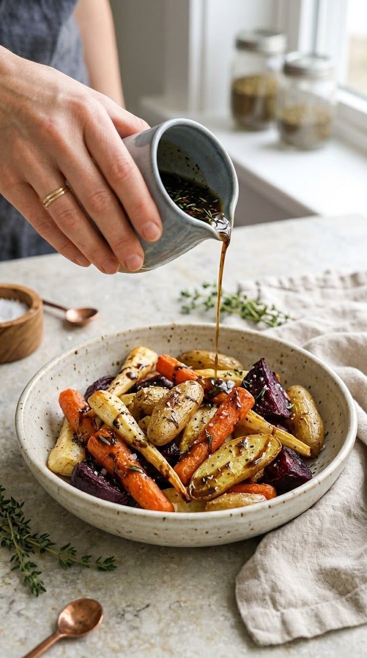 A hand pours a dark herb vinaigrette over a bowl of roasted root vegetables including carrots, beets, and potatoes.