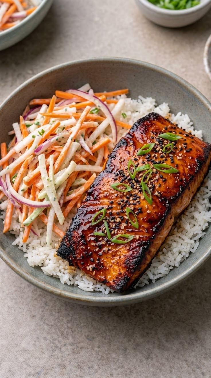 A bowl of rice topped with glazed salmon, carrot slaw, and green onions.