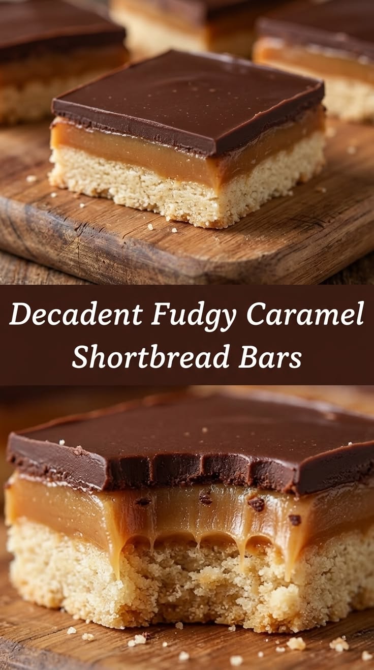 Square shortbread bar with layers of caramel and chocolate fudge on a wooden board.