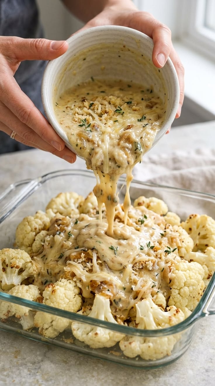 Hands pouring a creamy, cheesy sauce over roasted cauliflower florets in a glass baking dish.