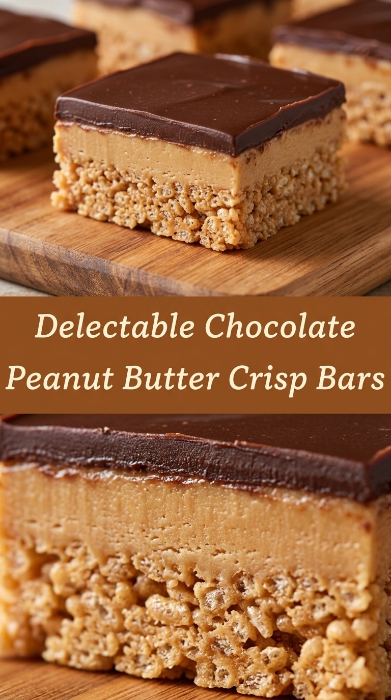Close-up of a chocolate peanut butter crisp bar on a wooden board, showing its layered texture.