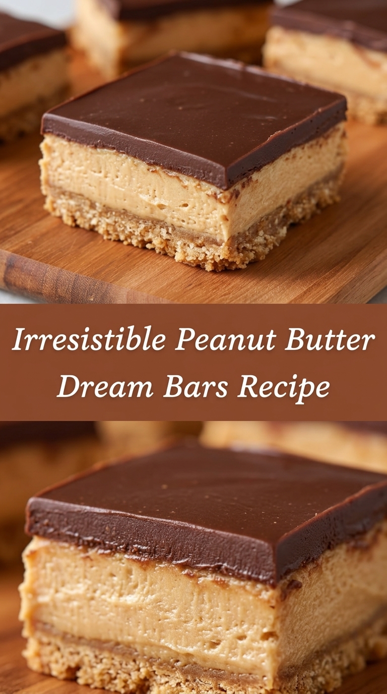 A close-up of a square peanut butter dream bar with a chocolate topping, showing its layered texture on a wooden board.