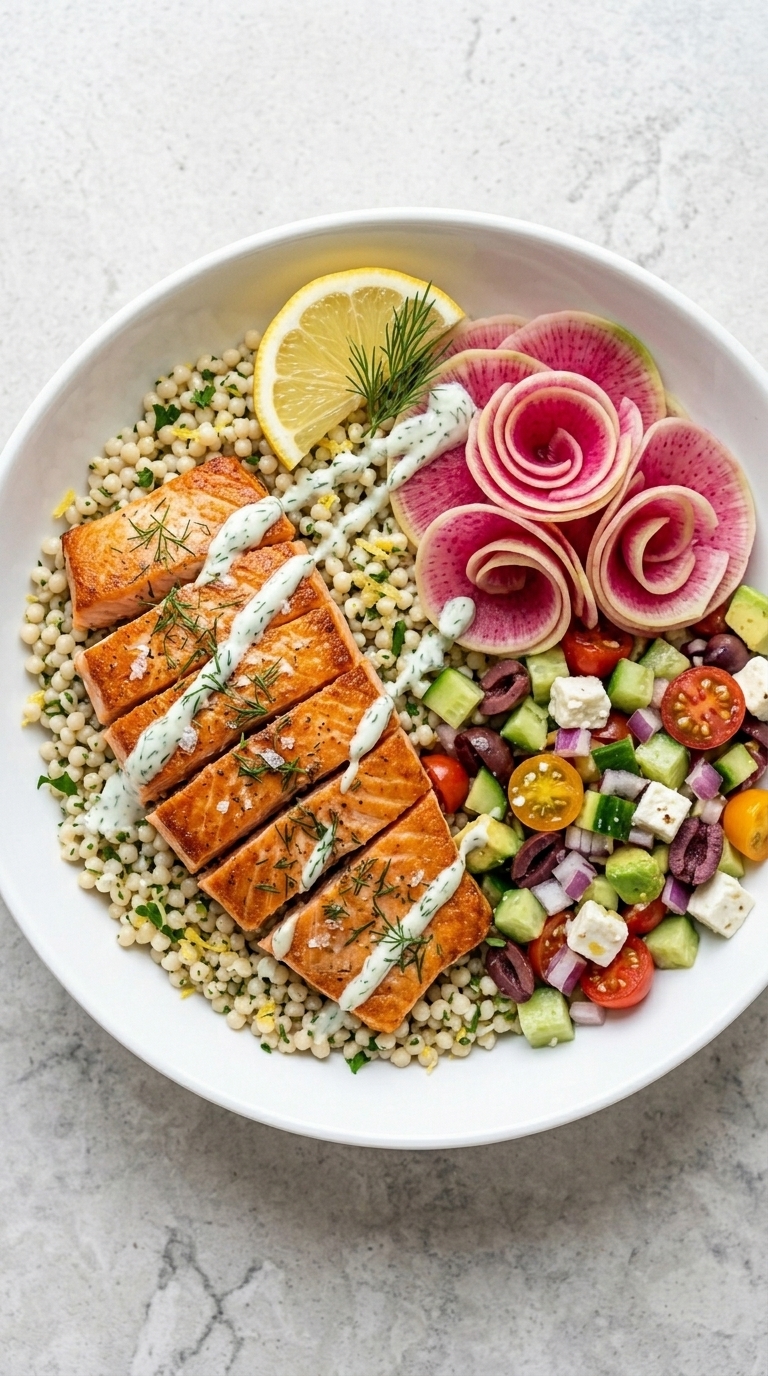 A white bowl filled with quinoa, sliced grilled salmon, a colorful salad with radishes, tomatoes, cucumbers, olives, and feta, garnished with a lemon wedge and dill.