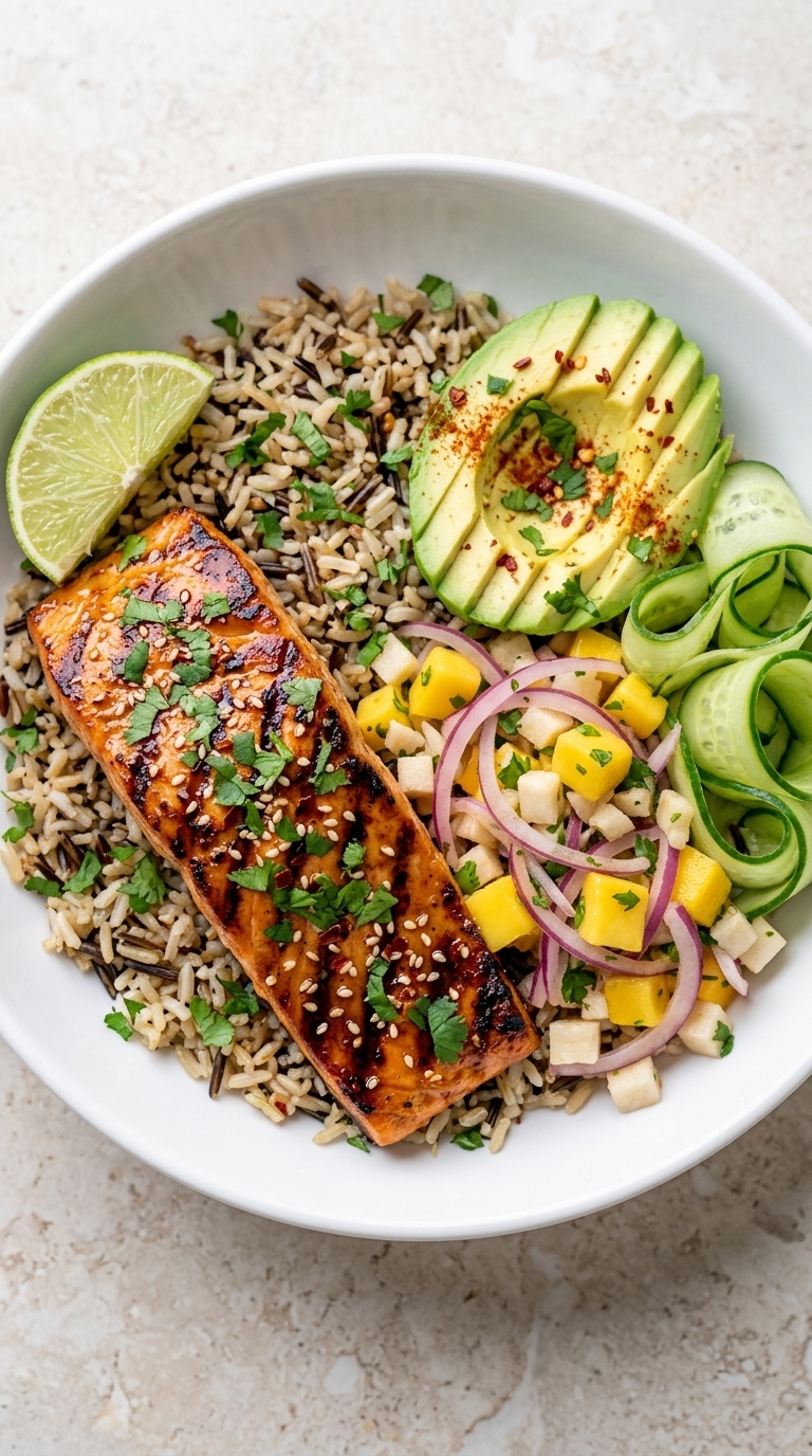 A white bowl filled with grilled salmon, quinoa, mango salsa, avocado, and lime wedge.