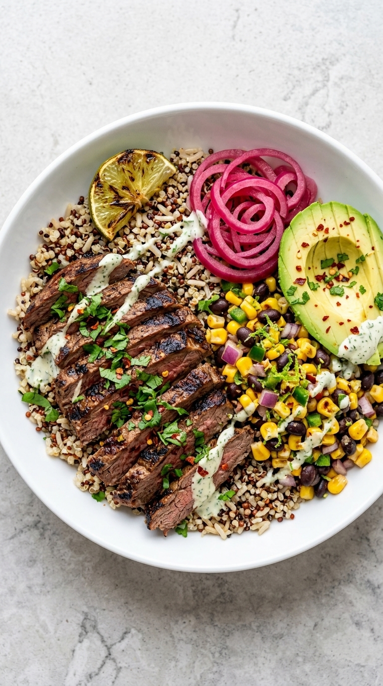 A white bowl filled with sliced grilled steak, quinoa, corn and black bean salsa, avocado, pickled red onions, and a grilled lime wedge.