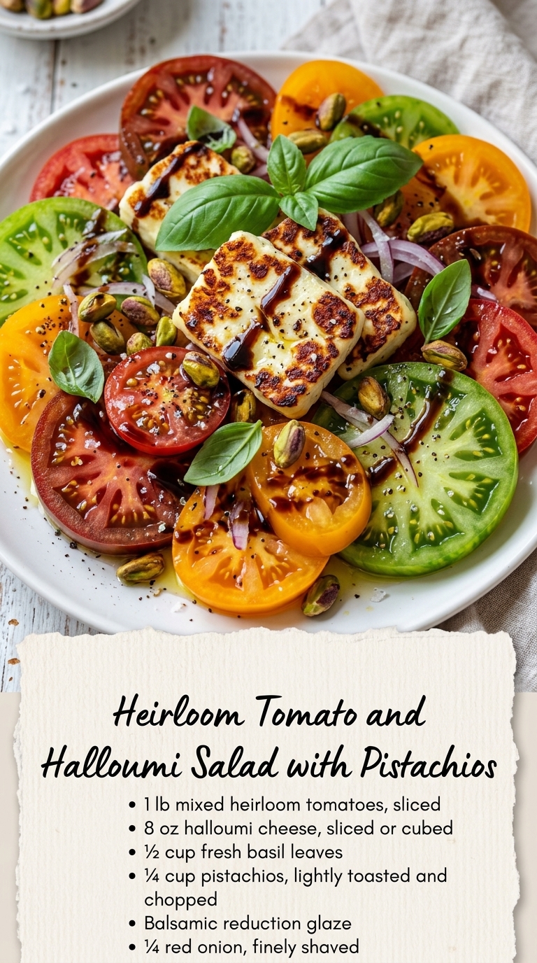 A plate of heirloom tomato and halloumi salad with pistachios, garnished with basil leaves and drizzled with balsamic glaze.