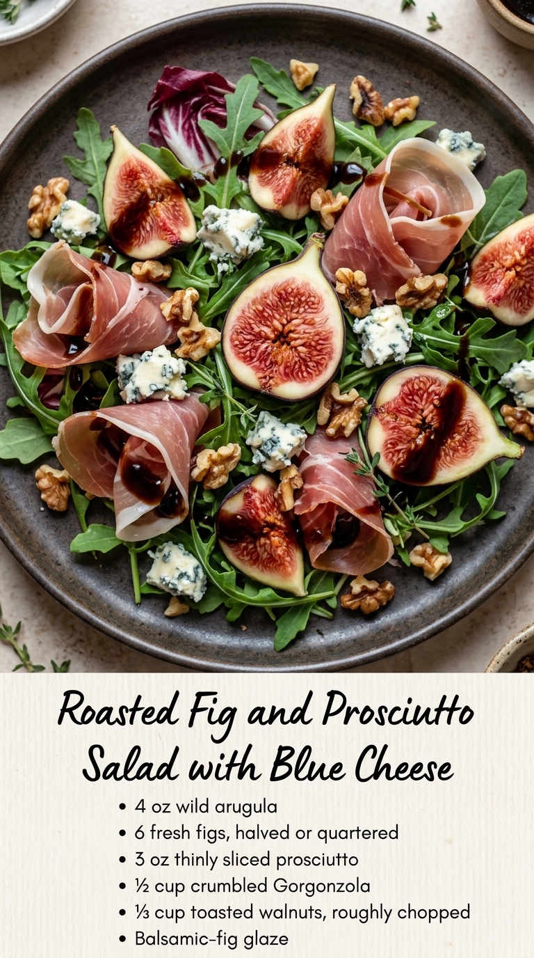 A salad with arugula, figs, prosciutto, blue cheese, walnuts, and balsamic glaze on a dark plate.
