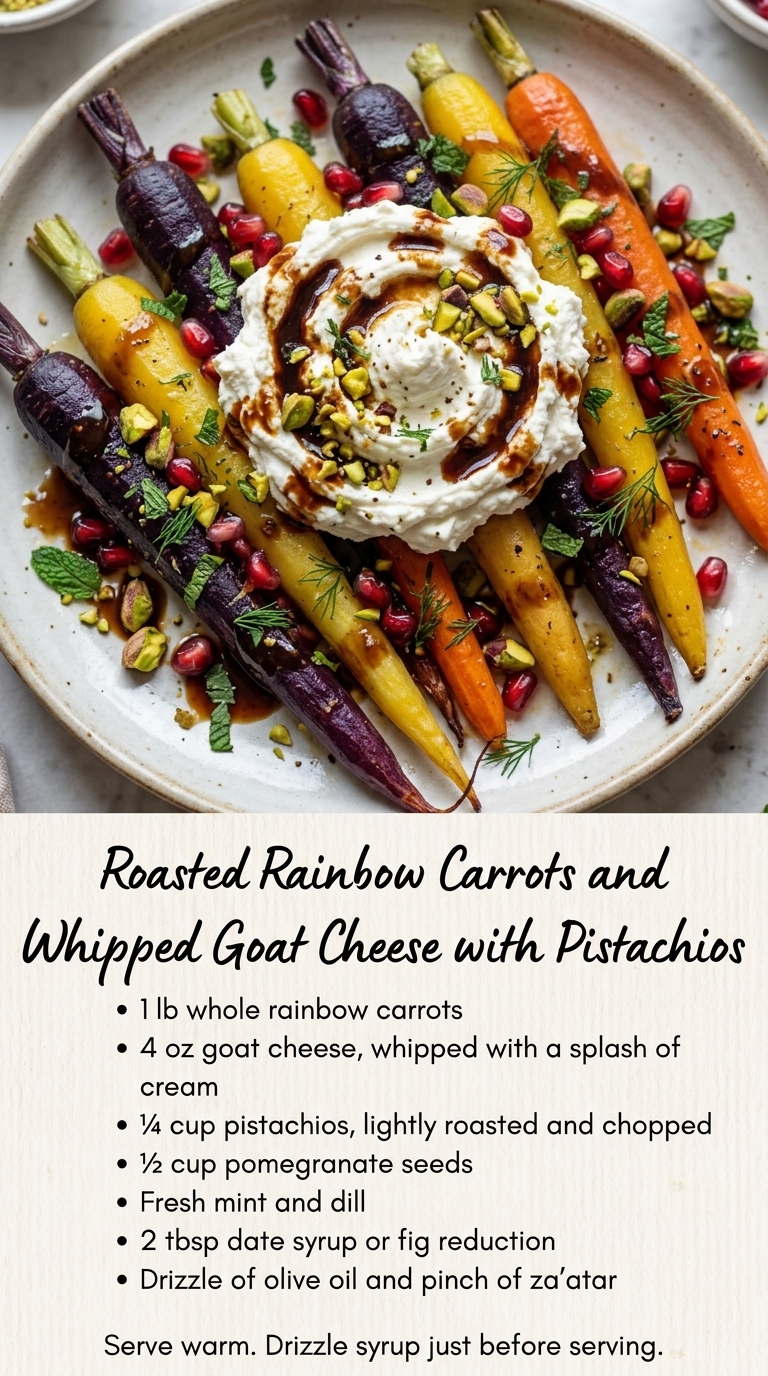 A vibrant salad of roasted rainbow carrots topped with whipped goat cheese, pistachios, and pomegranate seeds.