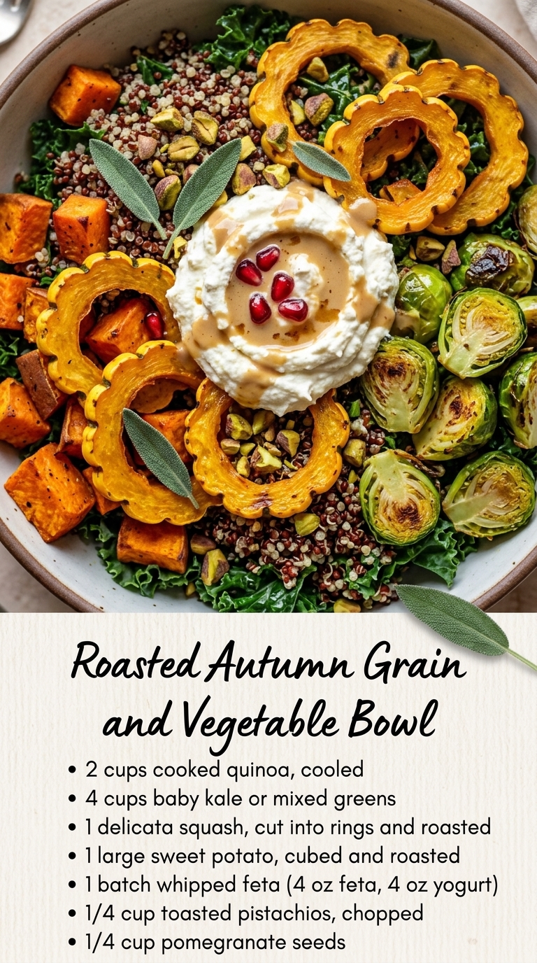 A colorful bowl filled with roasted squash rings, sweet potato cubes, roasted Brussels sprouts, kale, quinoa, and a central dollop of whipped feta topped with pomegranate seeds and sage leaves.