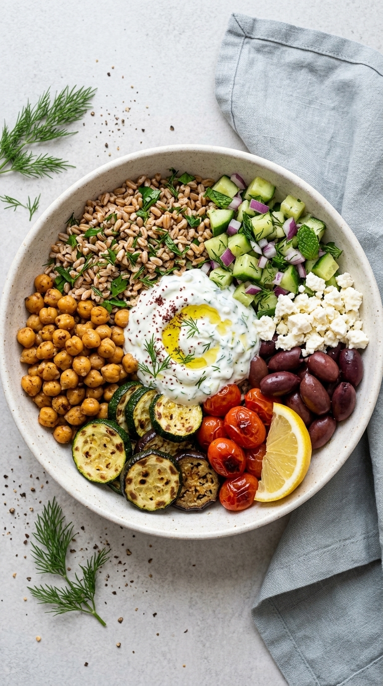 A colorful grain bowl filled with farro, roasted zucchini and eggplant, chickpeas, cherry tomatoes, cucumbers, red onions, olives, feta cheese, and a dollop of dill yogurt sauce.
