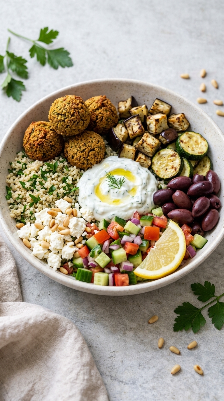 A colorful Mediterranean grain bowl featuring falafel, roasted vegetables, fresh salad, and tzatziki sauce.