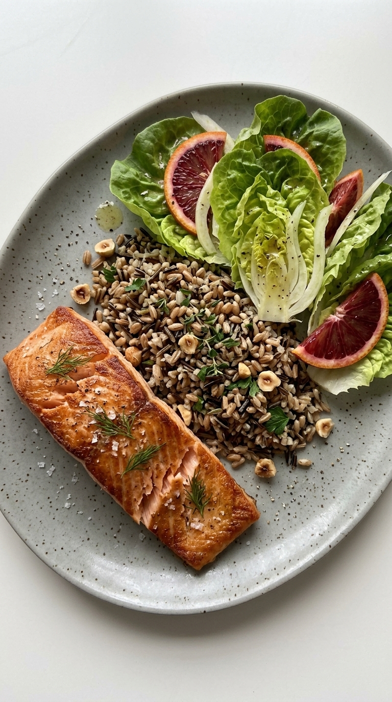 A plate with a piece of grilled salmon, wild rice, and a salad with blood orange slices, fennel, and lettuce.