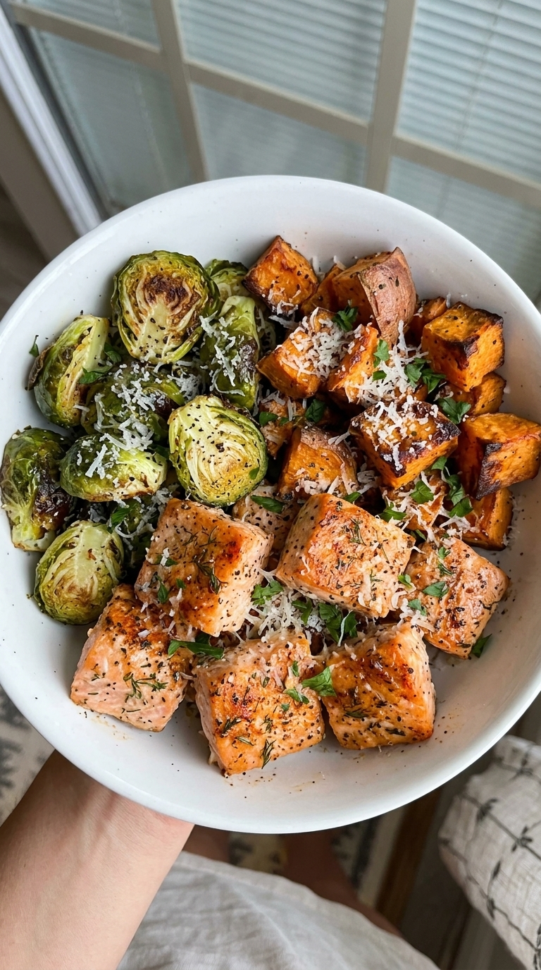 A white bowl filled with roasted salmon cubes, sweet potato chunks, and halved Brussels sprouts, garnished with herbs and cheese.