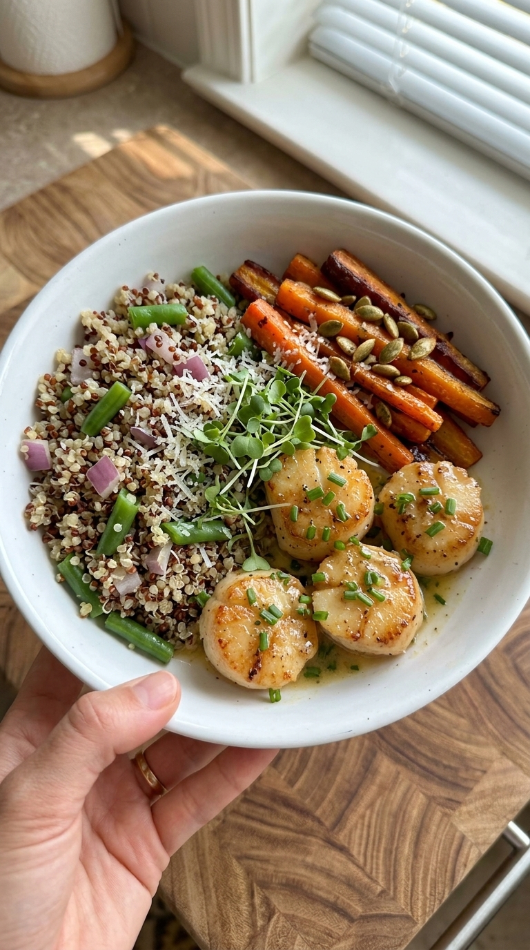 A white bowl filled with seared scallops, quinoa salad with green beans and red onion, roasted carrots topped with pumpkin seeds, and microgreens.