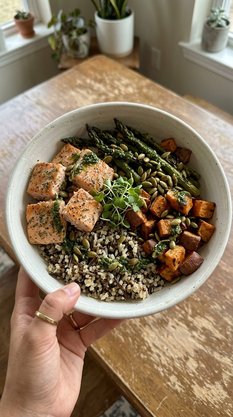 A hand holds a white bowl filled with grilled salmon, roasted sweet potatoes, asparagus, quinoa, wild rice, pumpkin seeds, and microgreens.