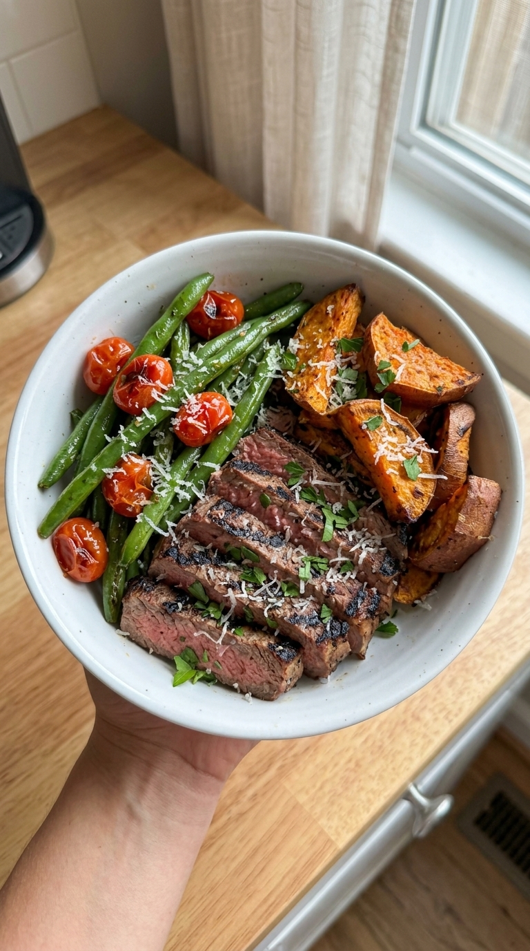 A white bowl filled with sliced grilled steak, roasted sweet potato wedges, green beans, and roasted cherry tomatoes, garnished with herbs and cheese.