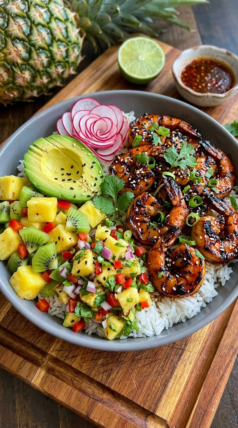 A colorful rice bowl with grilled shrimp, pineapple, kiwi, avocado, and radish rose.