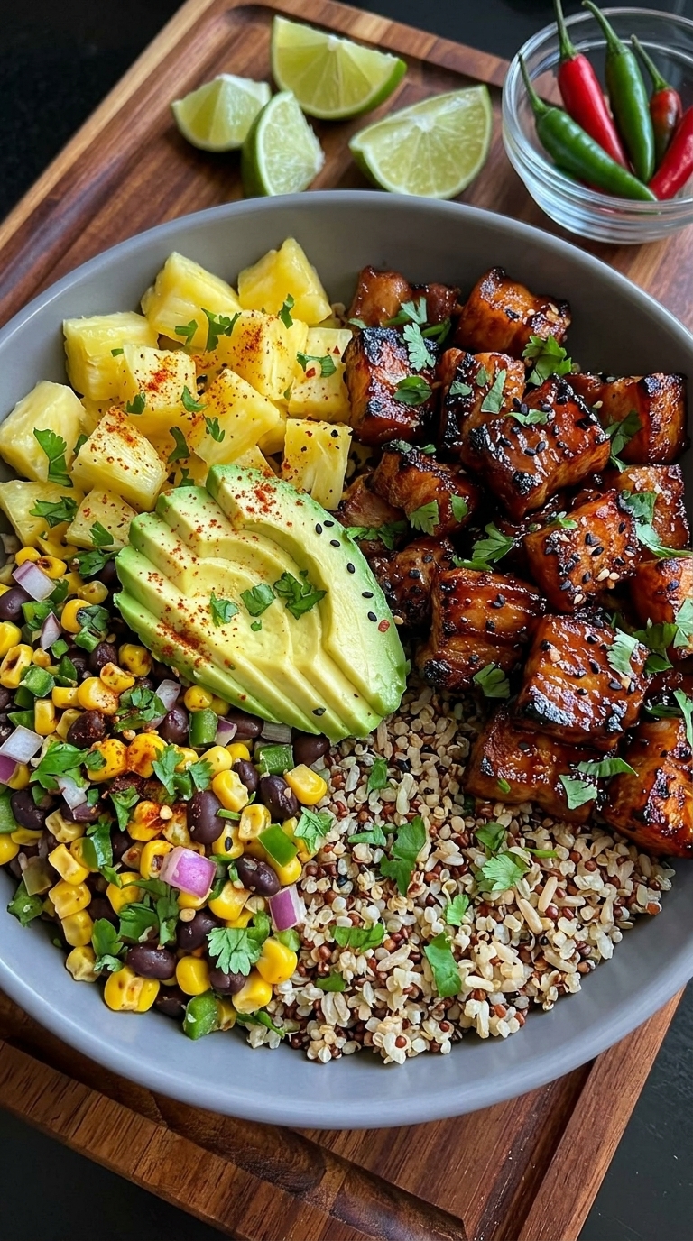 A colorful bowl with grilled tofu, pineapple, avocado, corn, black beans, and quinoa.